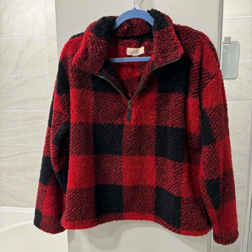 Thread & Supply Women's Sherpa Red/Black Plaid 1/4 Zip Sweater